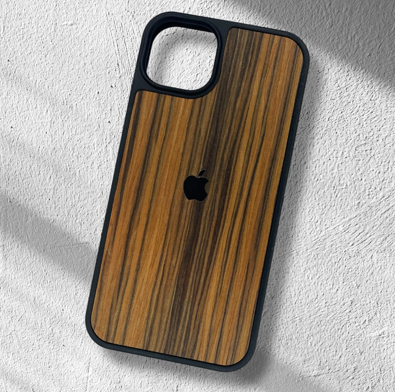 Premium Side Soft Back Hard Wooden Texture Logo Protective Case For iPhone 14 Plus